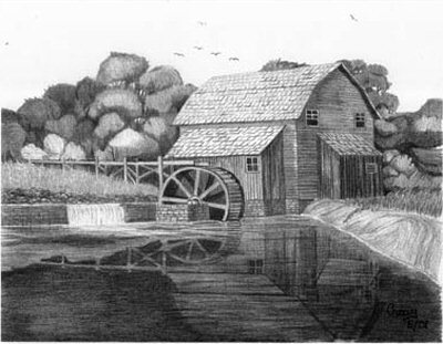 400x311 Rustic Water Wheel Mill Pencil Sketch - Water Wheel Sketch