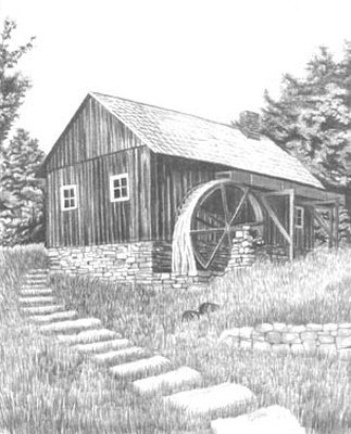 323x400 Water Wheel Mill Pencil Sketch - Water Wheel Sketch