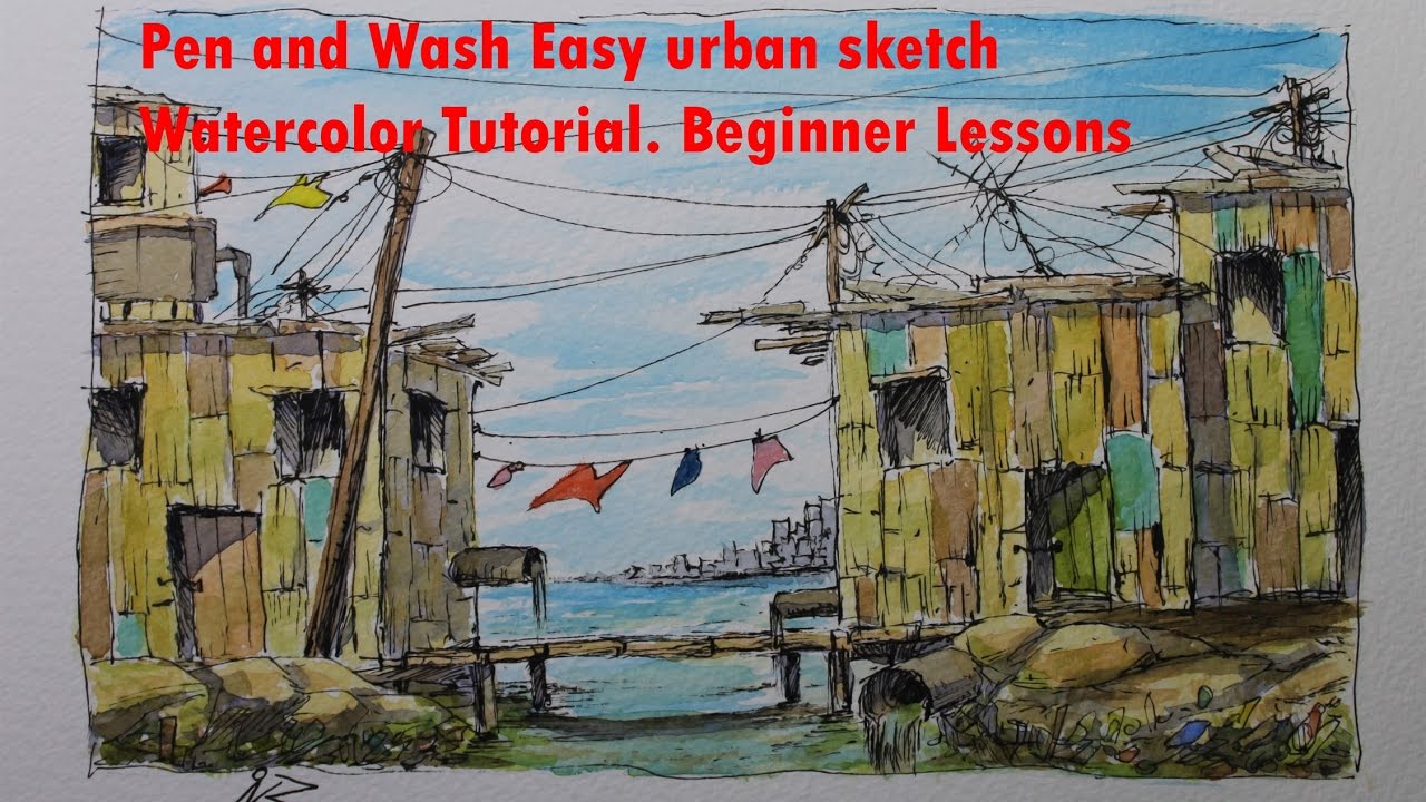 1280x720 Pen And Wash Easy Urban Sketch Watercolor Tutorial. Beginner - Watercolor Sketching Tutorial
