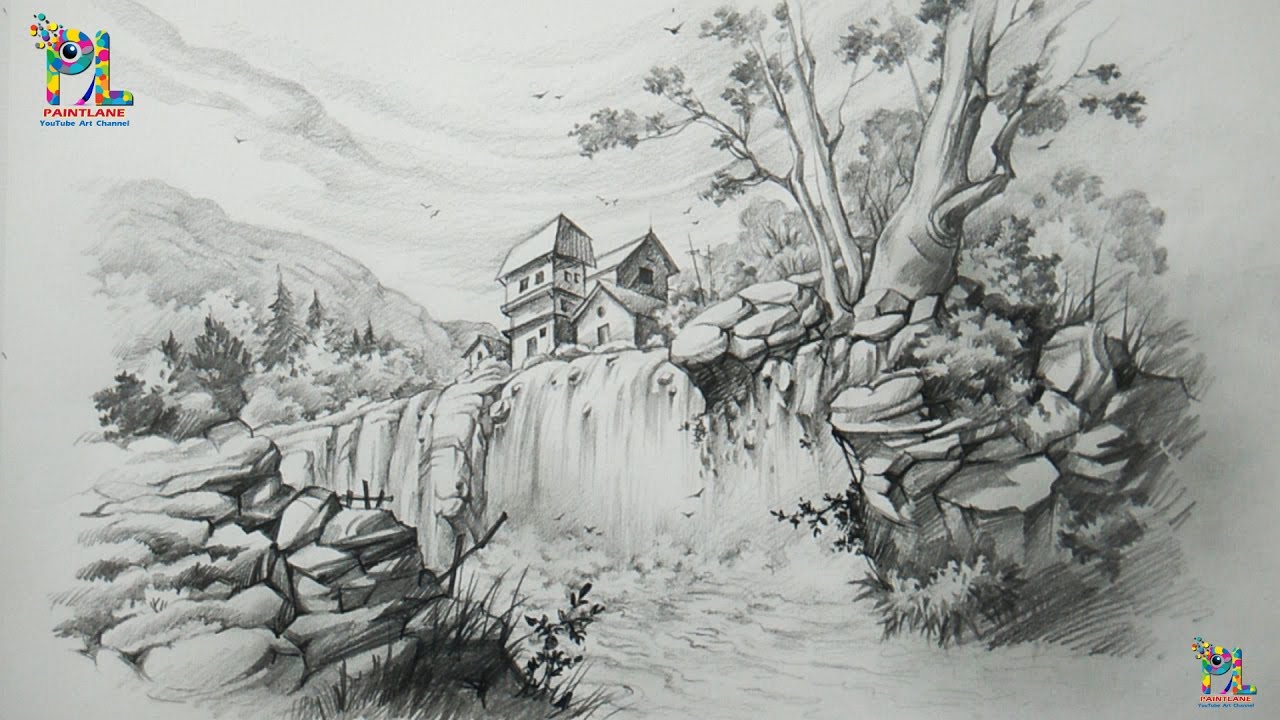 1280x720 How To Draw A Landscape With Waterfall With Pencil Pencil Art - Waterfall Pencil Sketch
