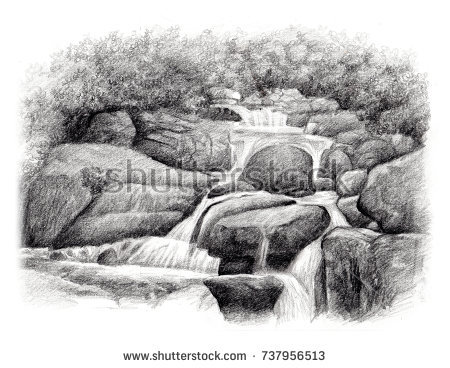 450x368 Collection Of River Waterfall Drawing High Quality, Free - Waterfall Pencil Sketch