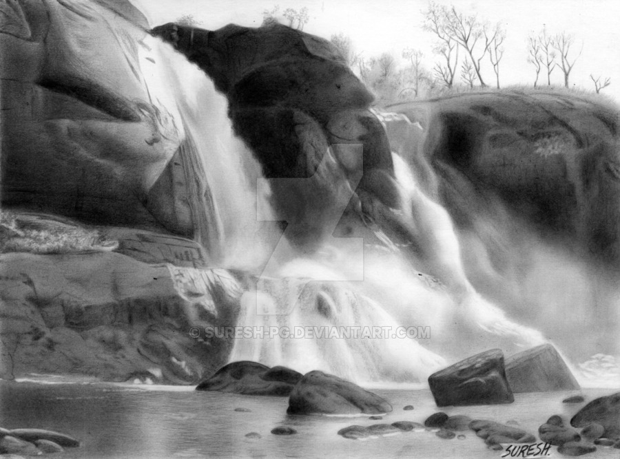 900x667 Waterfall Pencil Drawing By Suresh Pg - Waterfall Pencil Sketch