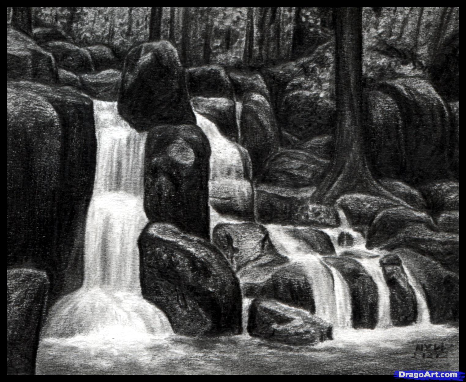 Waterfall Pencil Sketch at PaintingValley.com | Explore collection of ...