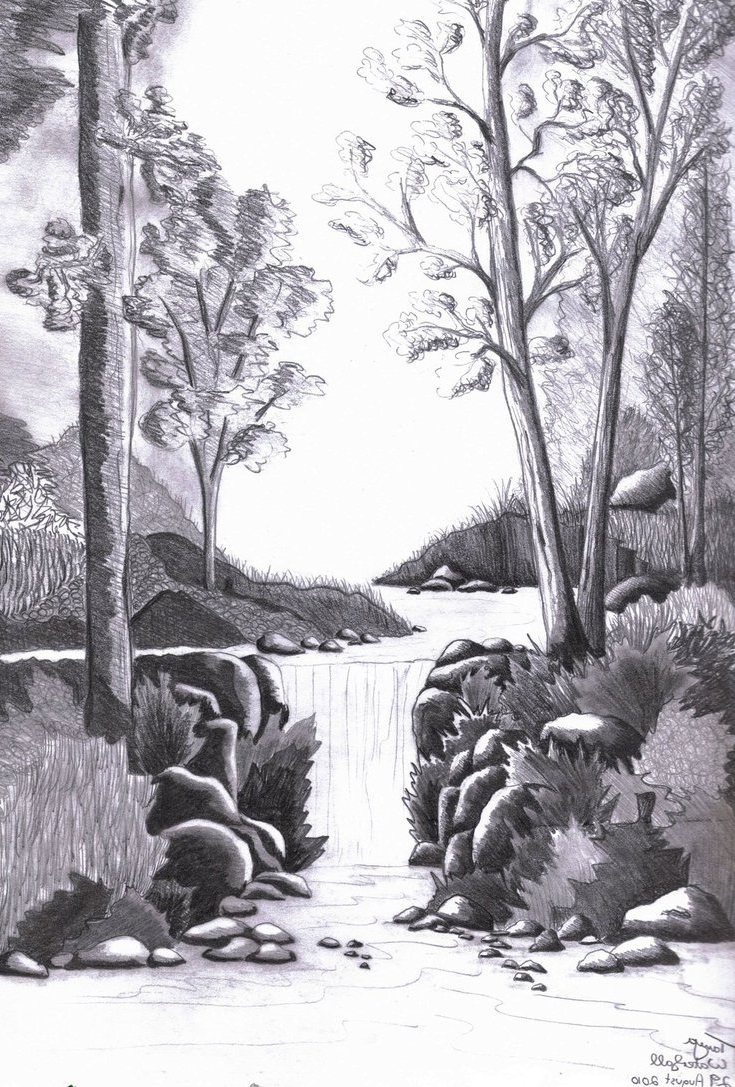 Waterfall Pencil Sketch at PaintingValley.com | Explore collection of ...