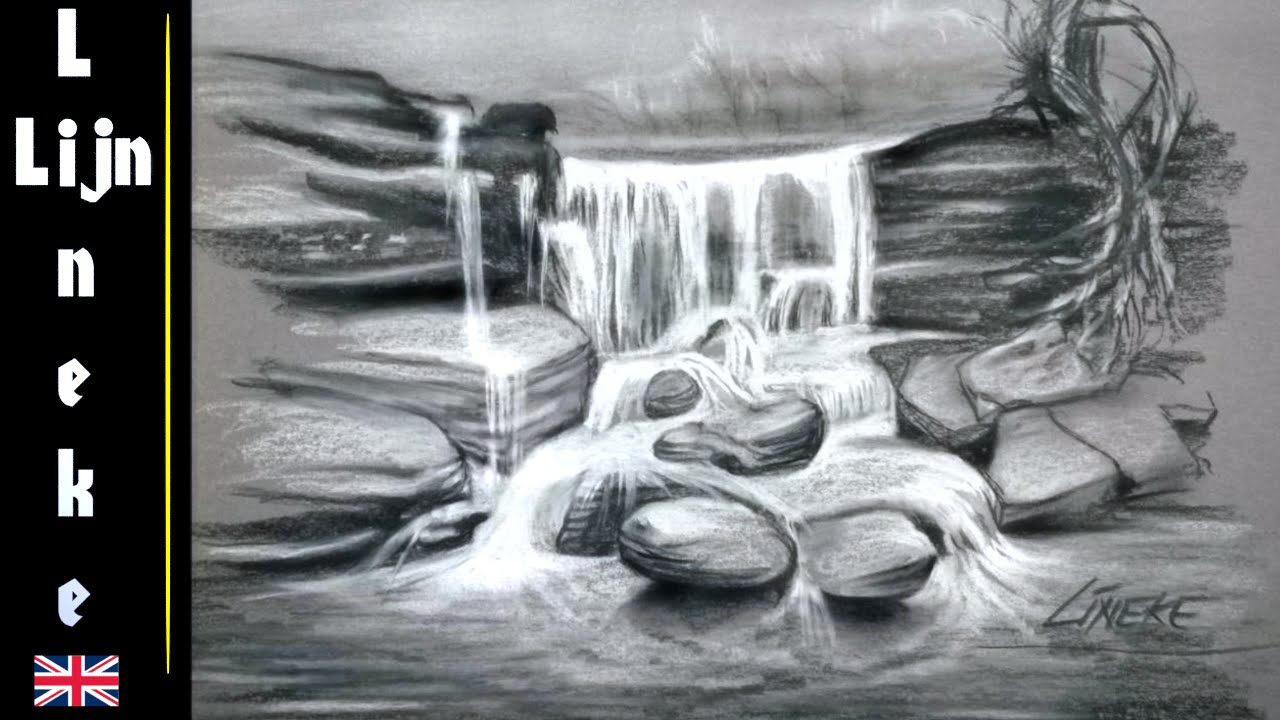 1280x720 Drawing A Waterfall In Charcoal And White Pastel Very Easy - Waterfall Pencil Sketch