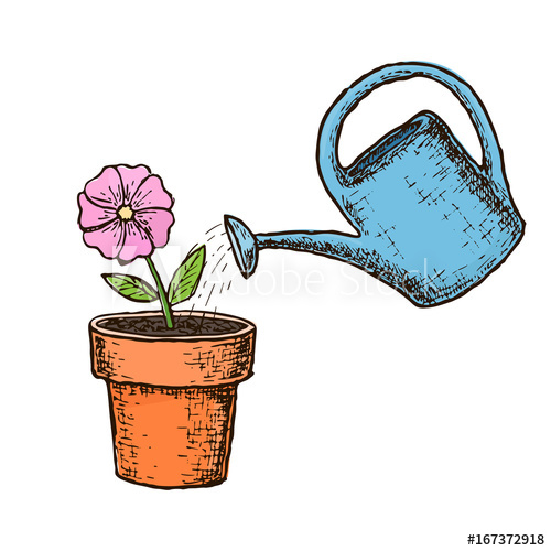 500x500 Potted Flower And Watering Can. Gardening And Farming Sketch - Watering Can Sketch
