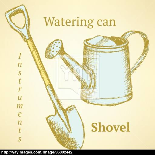 512x512 Sketch Shovel And Watering Can, Vector Background Vector - Watering Can Sketch