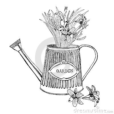 400x400 A Bouquet Of Summer Flowers In A Watering Can. Hand Drawn Graphic - Watering Can Sketch
