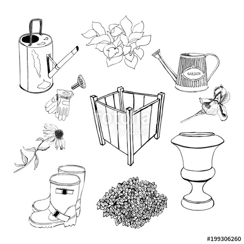 500x500 Graphic Sketch With Different Garden Objects And Flowers. Vector - Watering Can Sketch