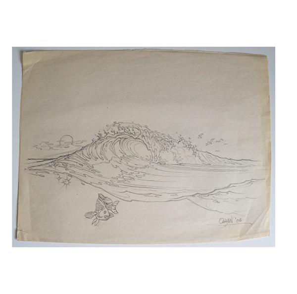 600x594 Original Sketch Of Wave With Fish - Wave Sketch