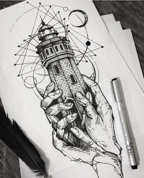 564x701 Hands Lighthouse Realism Black Pattern Drawing Pen Wavy Lines - Wavy Line Sketch