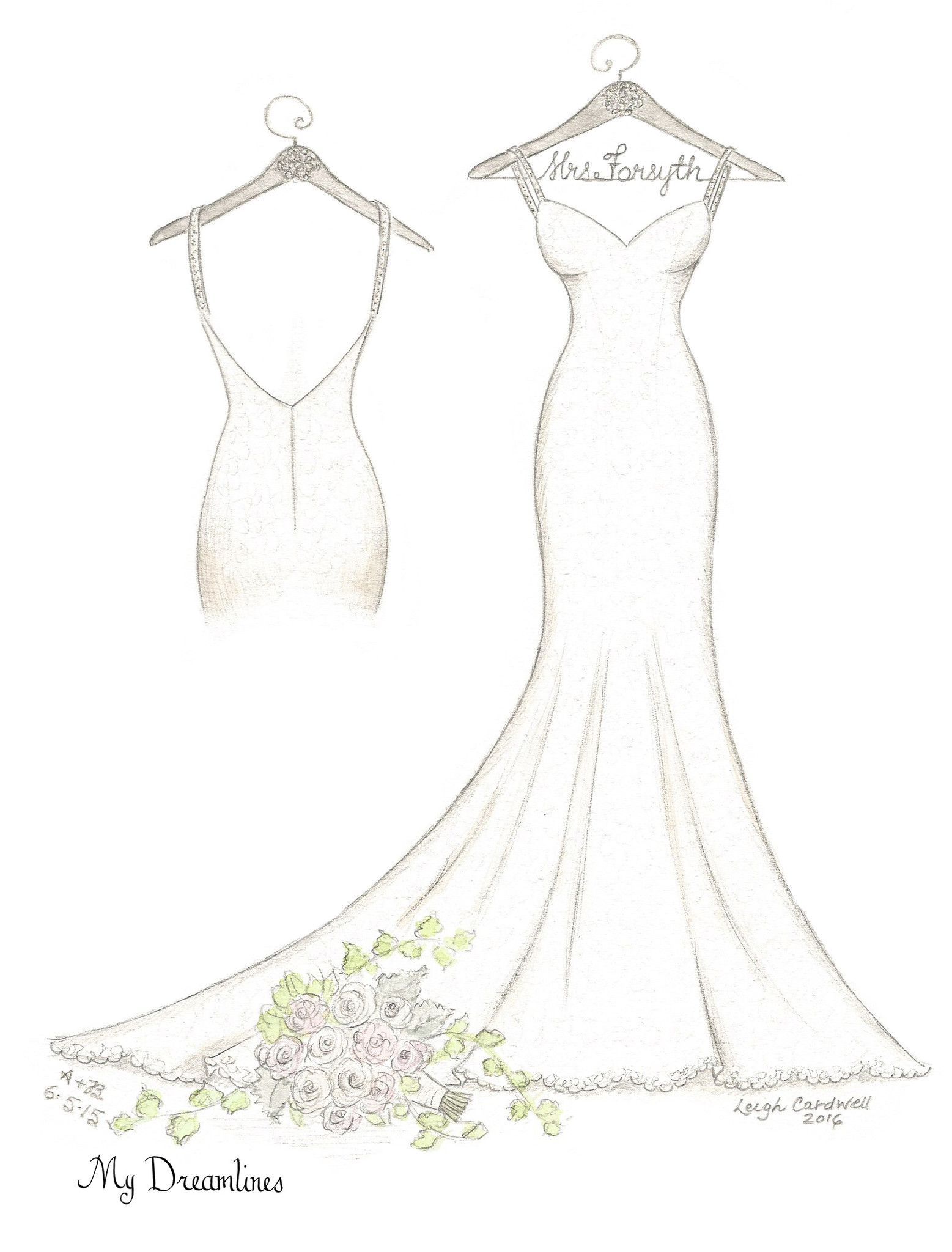 1557x2048 One Year Anniversary Gift - Wedding Bouquet Sketch