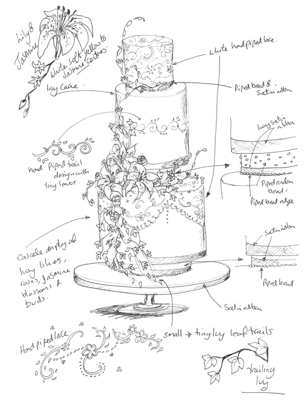 600x802 Lilies And Lace Wedding Cake Iced Magic Cakes - Wedding Cake Sketch