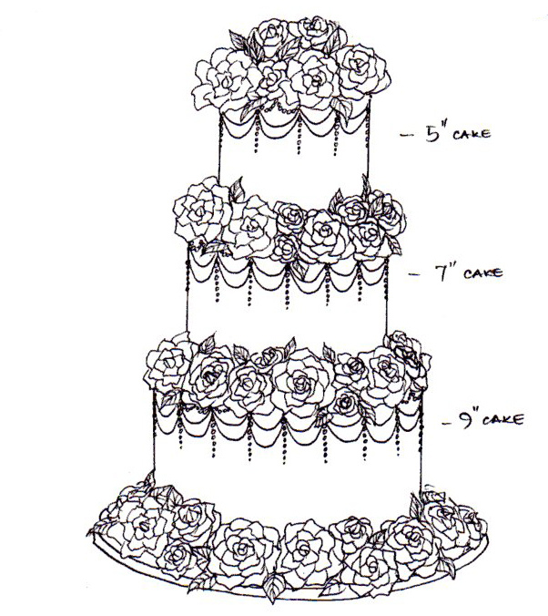 602x676 Vintage Rose Wedding Cake Sketch Cake Occasions - Wedding Cake Sketch