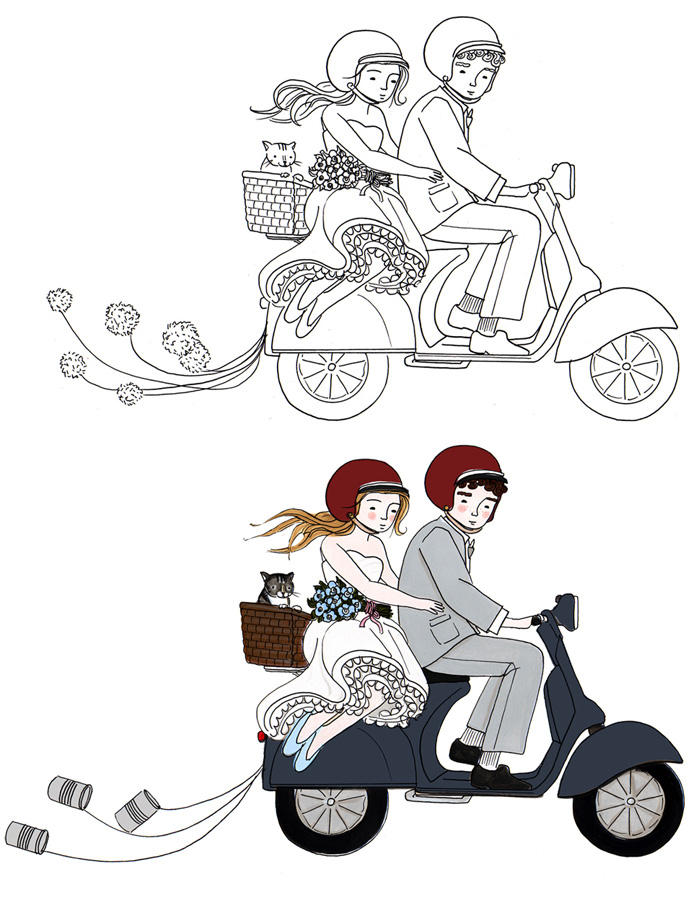 691x900 Vespa Wedding Couple Sketch - Wedding Couple Sketch
