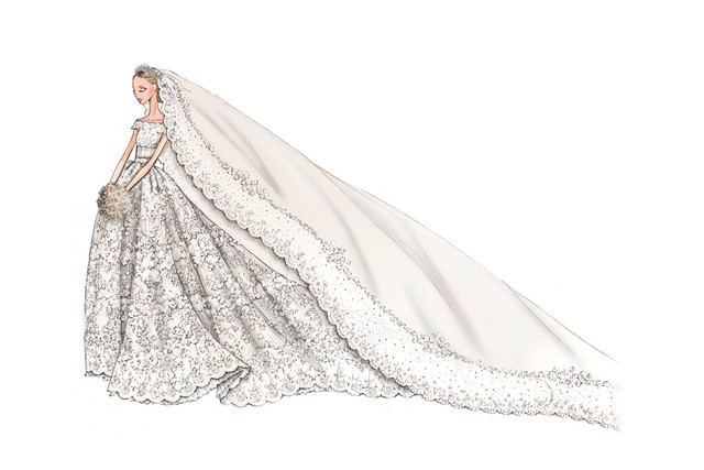 640x427 Wedding Dress Sketch By Valentino For Princess Madeline - Wedding Veil Sketch