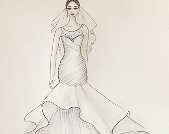 340x270 Custom Hand Drawing Wedding Dress Sketch Original Wedding Etsy - Wedding Veil Sketch