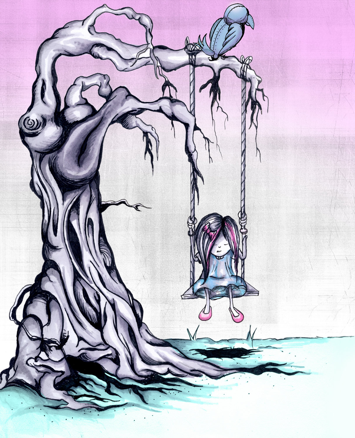 1216x1500 Weeping Willow Robot Bird Emo Little Girl Hand Drawn Sketch - Weeping Willow Sketch