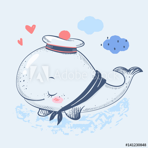 500x500 Cute Baby Whale In A Sailor Suit Cartoon Hand Drawn Vector - Whale Sketch Cartoon