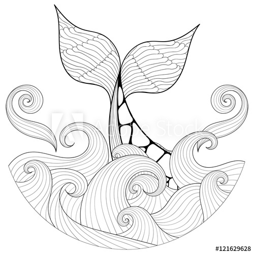 500x500 Whale Tail In Waves, Zentangle Style. Freehand Sketch For Adult - Whale Tail Sketch