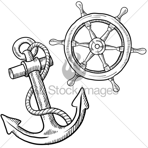 500x500 Maritime Anchor And Ships Wheel Sketch Gl Stock Images - Wheel Sketch