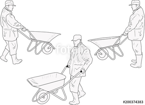 500x361 Worker With Wheelbarrow Three Sketches Isolated On White Stock - Wheelbarrow Sketch