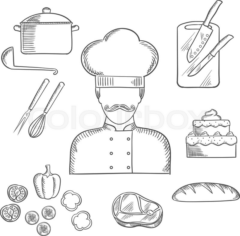 800x789 Cook Profession Hand Drawn Design With Sketch Of Man In Chef Hat - Whisk Sketch
