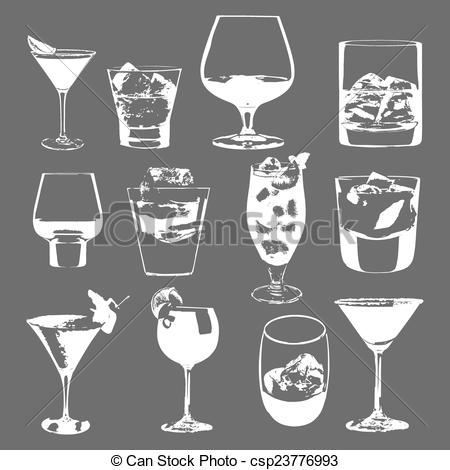 450x470 Cocktails Set. Vector Glasses Collection. Drinking Whiskey Party - Whiskey Glass Sketch