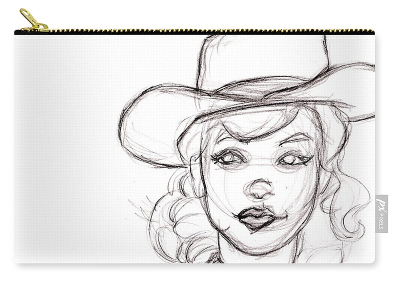800x570 Pencil Sketch Drawing Of Retro Girl In Cowboy Hat Carry All Pouch - Whiskey Sketch