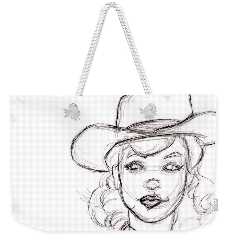 800x845 Pencil Sketch Drawing Of Retro Girl In Cowboy Hat Weekender Tote - Whiskey Sketch