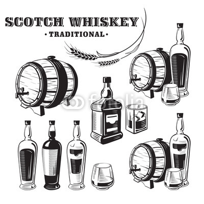 400x400 Sketch Whiskey Bottle And Glass And Barrel. Hand Drawn Drink - Whiskey Sketch
