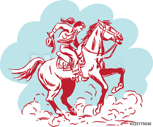 500x415 Vintage Comic Ink Sketch Of A Western Cowgirl Riding A Wild Horse - Wild Horse Sketch