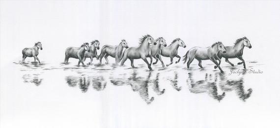 570x261 Wild Horses Running Art Wild Horses Drawing Charcoal White Etsy - Wild Horse Sketch