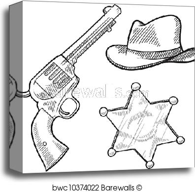 396x390 Canvas Print Of Wild West Sheriff Objects Sketch Barewalls - Wild West Sketch