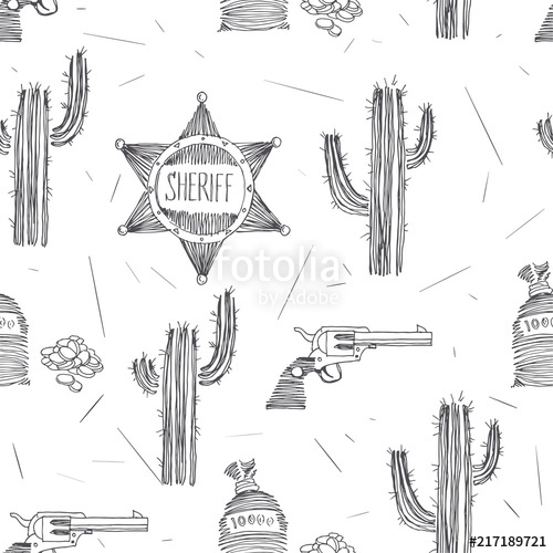 500x500 Vector Seamless Pattern With Wild West Hand Drawn Symbols. Sheriff - Wild West Sketch