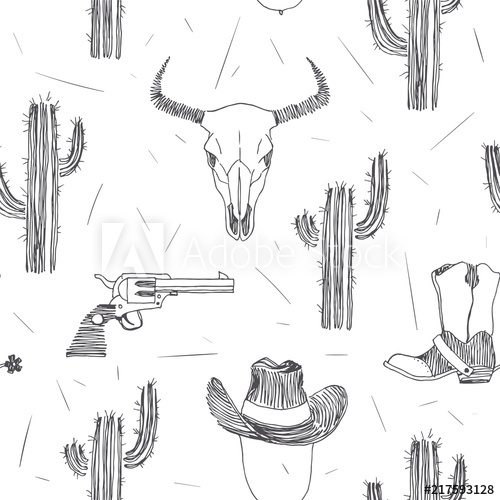 500x500 Vector Seamless Pattern With Wild West Symbols Isolated On White - Wild West Sketch