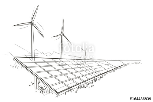 500x334 Solar Panels And Wind Turbines Hand Drawn Sketch. Vector. Stock - Wind Turbine Sketch