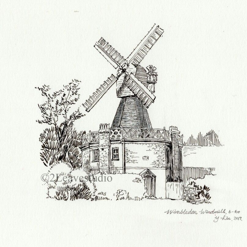 808x808 Wimbledon Windmill Sketch, London Sketching, Drawing, Colouring - Windmill Sketch