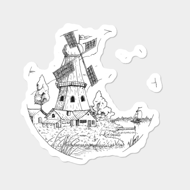 650x650 Windmill Sketch Sticker By Exosam Design By Humans - Windmill Sketch