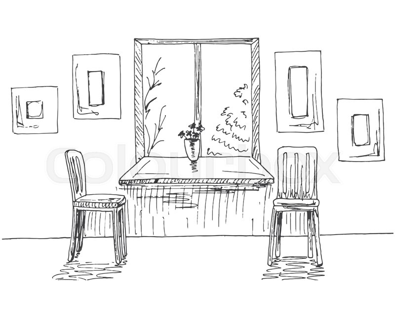800x668 Hand Drawn Window With A Wide Window Sill. Next To The Two Chairs - Window Frame Sketch