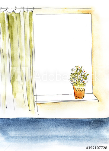361x500 Window Frame With A Window Sill, Flower In A Pot And Curtain - Window Frame Sketch