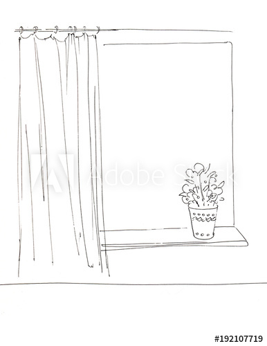 386x500 Window Frame With A Window Sill, Flower In A Pot And Curtain. A - Window Frame Sketch