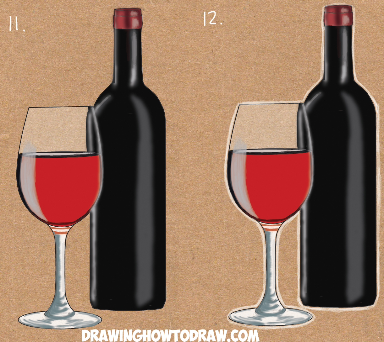 1222x1091 How To Draw A Bottle And Glasses Of Wine Drawing Tutorial - Wine Bottle And Glass Sketch