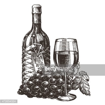 416x416 Wine Bottle, Grapes, Glass On A White Sketch Premium Clipart - Wine Bottle And Glass Sketch