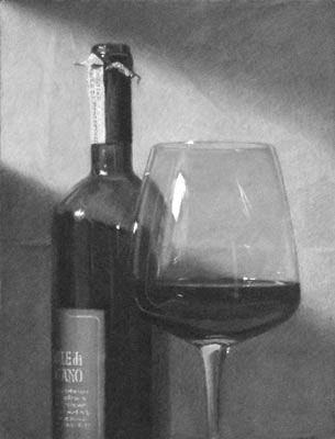 305x400 Wine Bottle And Glass A Value Study In Black And White Chalk - Wine Bottle And Glass Sketch