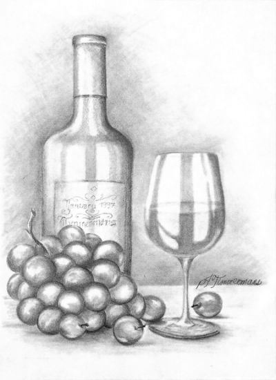 400x550 Wine Bottle, Glass And Grapes Albomy Dlia Risovaniia - Wine Bottle And Glass Sketch