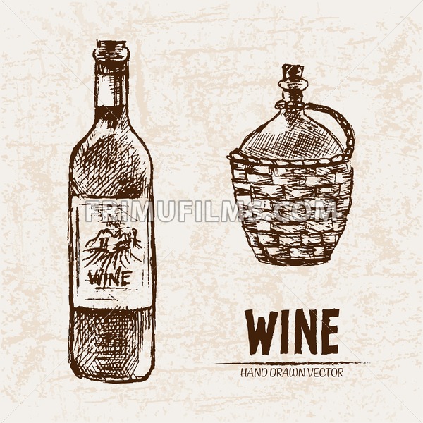 600x600 Digital Color Vector Line Art Wine Bottle, Glass Half Full, Cheese - Wine Bottle And Glass Sketch
