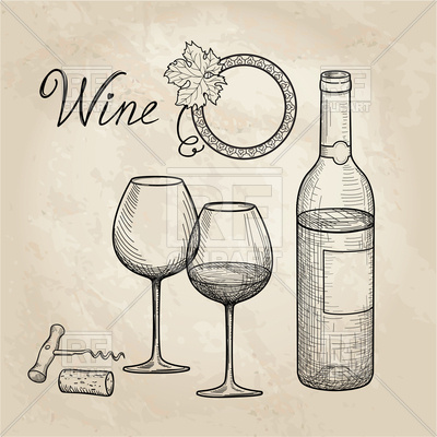 400x400 Wine Glass, Bottle, Grape Branch, Handwritten Lettering. Vineyard - Wine Bottle And Glass Sketch