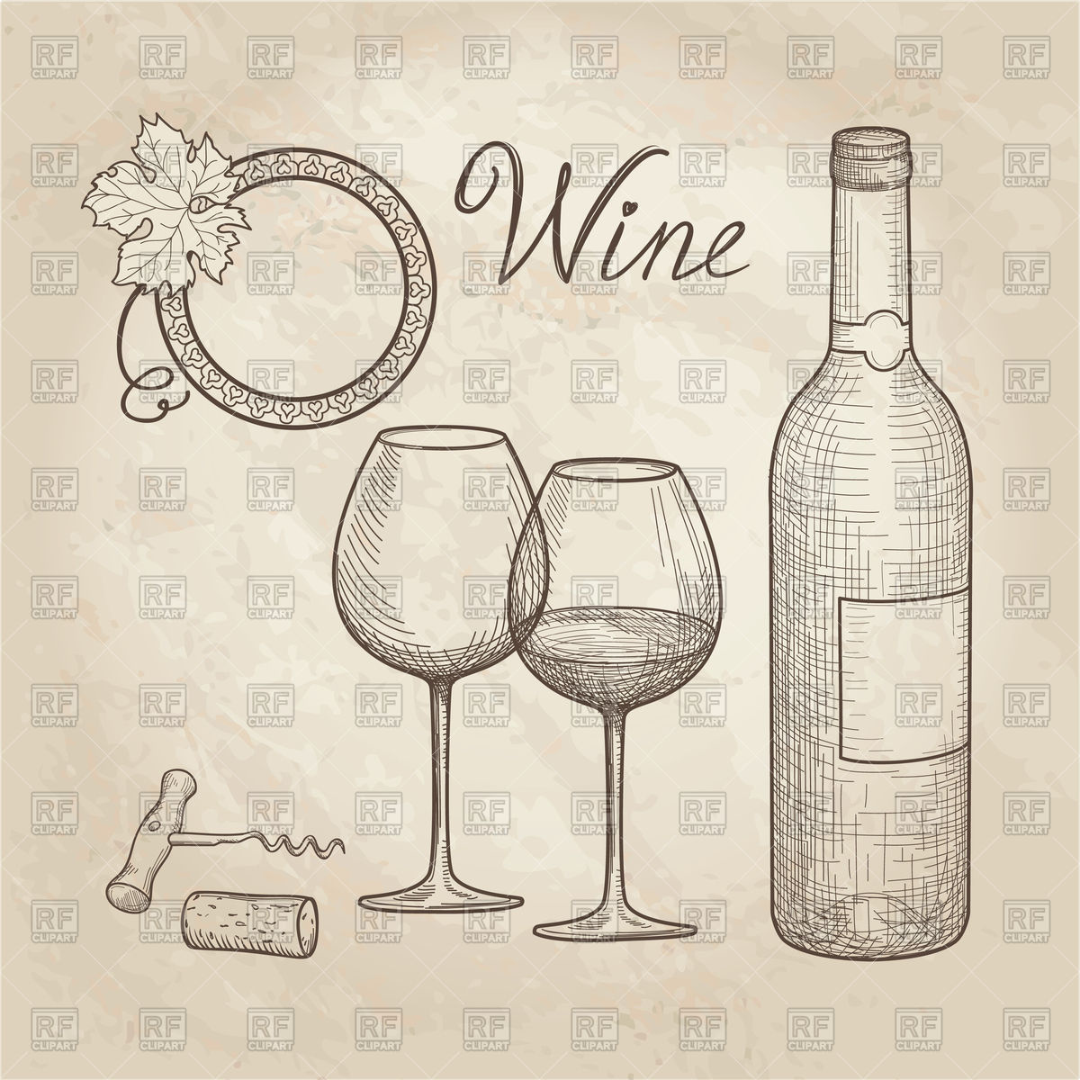 1200x1200 Wine Glass, Bottle, Grape Sketch Vector Image Vector Artwork Of - Wine Bottle And Glass Sketch