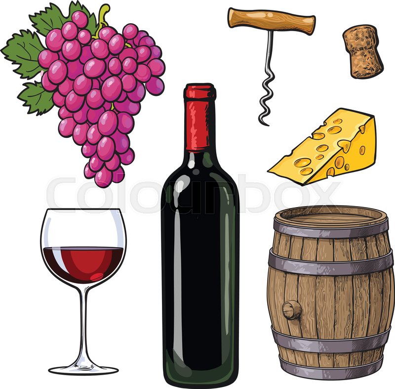 800x787 Wine Set Of Bottle, Glass, Barrel, Grapes, Cheese, Cork And - Wine Bottle And Glass Sketch